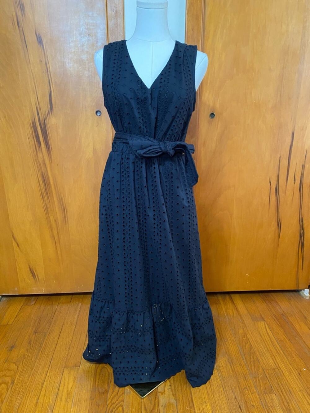 Navy Blue Eyelet Sun Dress V-Neck Maxi Elastic Waist Tie Sleeveless Ruffle Hem